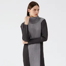 Casual Dresses Miyake Pleats Women Long Sleeve High Neck Dress With Contrasting Colours Autumn 2024 Winter Korean Fashion