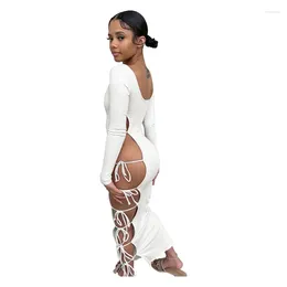 Casual Dresses Long Sleeve Bandage 2024 Fashion Deep O Neck Hollow Out Lace Up Bodycon Dress White Elegant Women For Dinner Party
