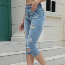 Women's Jeans Vintage Casual Denim Women Simple Ripped Old Elastic Pocket Cropped Woman Clothing Korean Streetwear Pantalones