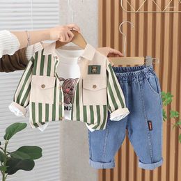 Clothing Sets Kids Baby Boy Boutique Clothes 2024 Spring Vertical Striped Shirts White T-shirts Pants Toddler Boys Outfits Children's