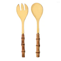 Dinnerware Sets 2Pcs Wooden Handle 304 Stainless Steel Serving Salad Spork Spoon Long Service Fork El Restaurant Tableware Set