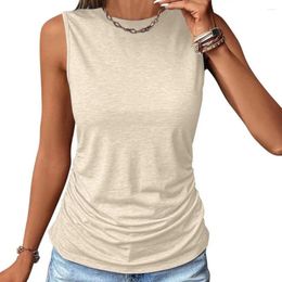 Women's Tanks Women Tank Tops O-Neck Sleeveless Side Ruched Vest Solid Colour Slim Elastic T-Shirt Streetwear