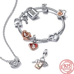the new popular s925 sterling silver two Colour key sliding heart suspension charm is suitable for pandora bracelet necklace neckla225S