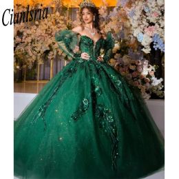 Emerald Green Detachable Sleeve Ball Gown Quinceanera Dresses 3D Flowers Sequined Appliques Lace Corset Vestidos De 15 Anos