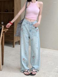 Women's Jeans Flower Embroidered Casual Spring/Summer Retro High Waisted Wide Leg Pants Fashion Female Clothes