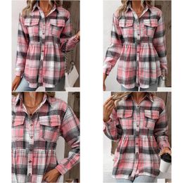 Womens Plus Size T-Shirt Casual Blouse Plaid Print Butt Up Lg Sleeve Turn Down Collar W4Ui Drop Delivery Apparel Dhtw8