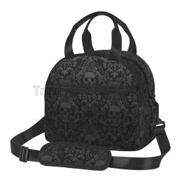 Bags Gothic Black Skull Damask Insulated Lunch Bag Unisex Lunch Box with Detachable Shoulder Strap Reusable Thermal Cooler Tote Bag