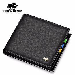 Wallets BISON DENIM fashion genuine leather wallets slim business male pocket credit card holder purse wallet