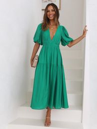 Casual Dresses Fashion Summer Women's Sexy Deep V-neck Low Cut Tight Waist Lantern Sleeve Slim Fit Large Swing Short Dress Long Skirt