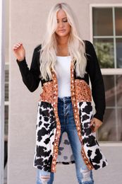 Ny europeisk och amerikansk vinter Western Cowboy Patchwork Sticked Cardigan Women's Mid-Längd tryckt Coat AST2641420