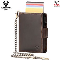 Holders Crazy Horse Leather Card Holder RFID Blocking Card Case Smart Popup Cardholder Fashion Men's Wallet with Long Antitheft Chain