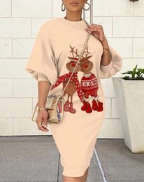 Casual Dresses Christmas Cartoon Elk Print Womens 2024 Spring Fashion Lantern Sleeve Round Neck Long Sweatshirt Dress