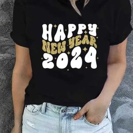 Women's T-Shirt Happy New Year 2024 Print T-shirt Casual Crew Neck Short Slve Daily Top Womens Clothing Black Cartoon Casual Top Ts Clothes Y240420