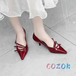 Dress Shoes Sexy Burgundy Patent Leather Pointed Toe Belt Buckle Decorative High Heels Women's Designer Summer Crystal