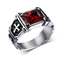 Mprainbow Vintage Mens Rings Stainless Steel Red Large Crystal Dragon Claw Cross Ring Band Gothic Biker Knight Punk Jewelry 2017125434207