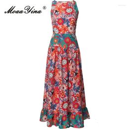 Casual Dresses MoaaYina Summer Fashion Designer Dress Women O-Neck Sleeveless Lace Up Sexy Backless Vintage Floral Printing Long
