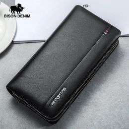 Wallets BISON DENIM Large Capacity Men Long Wallets Genuine Leather Male Clutch Phone Bag Brand Luxury Purse Card Holders Wallet