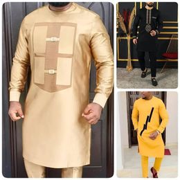 Mens Elegant Long Sleeve Suit Shirt Pants 2-piece Round Neck Stitching Solid Color Party Long Sleeve African Ethnic Style 240407