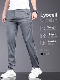 OUSSYU Brand Spring Summer Soft Stretch Lyocell Fabric Mens Casual Pants Thin Slim Elastic Waist Business Grey Trousers Male 240409