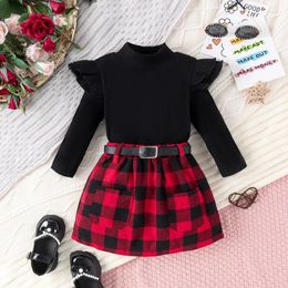 Clothing Sets Baby Girl Clothes Set Autumn Toddler Girls Ribbed Turtleneck Top And Plaid Skirt With Belt Children Outfit