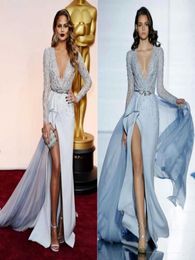 Zuhair Murad Split Evening Dresses Long Sleeved Plunging Neckline Side Slit Embellished Beading Prom Celebrity GownFormal Evening 2796697