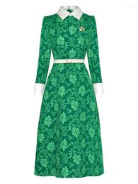 Casual Dresses Sweet Ladies Spring High Quality Fashion Party Green Yellow Slim Fit Designer Chic Catwalk Pretty Long Sleeve Midi Dress