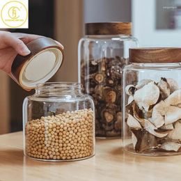 Storage Bottles 1.25/1.95/2.5/3.4L Glass Round Food Jar With Wooden Lid Kitchen Coffee Beans Tea Grains Canister Home Snack Tank