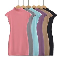 Half Turtleneck Short Sleeve Dress Womens Solid Colour Tight Hip Skirt