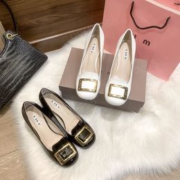 Luxury Top quality mumu loafers Women Dress shoes flats Gold Block Heels sandals round Cap Toe Mid Heel Party Pump