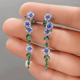 Dangle Earrings Huitan Romantic Blue Flower Long Hanging For Women Silver Color Enamel Drop Delicate Accessories Trend Jewelry