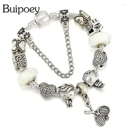 Charm Bracelets Buipoey Tennis Racket For Women Men Original Boy Girl Heart LOVE Beaded Silver Color Bangle Couple Jewelry