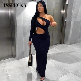 Casual Dresses InsLucky Diagonal Collar One-Shoulder Cut Out Dress Bodycon Long Sleeve Skinny Sexy Backless Maxi Elegant Party Streetwear