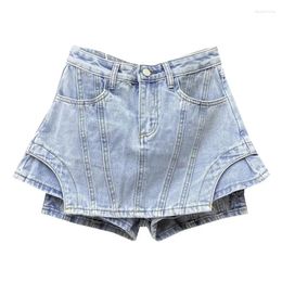 Women's Shorts 2024 Autumn Y2K Fashion High Waist Spliced Solid Colour Irregular A-line Wide Leg Denim Skirts Female