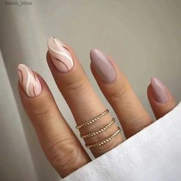False Nails 24Pcs Oval Head Fake Nails Short Almond False Nails with Wave Line Designs Wearable Finished Nails Full Cover Press on Nail Tips Y240419