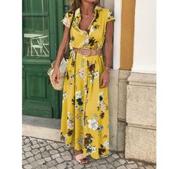 Women Summer Floral Print Maxi Dress Boho Style Beach Party Turn down Neck Singlebreasted Belt Plus Size 2XL Long Vestidos4486706