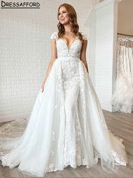 Gorgeous V-Neck Floral Appliques Lace Mermaid Wedding Dresses Detachable Train Cap Sleeve Bridal Gowns