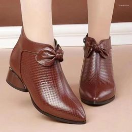 Casual Shoes Fashion Bow Leather Boots Women's Korean Style High Heels Pointed Toe Ankle Side Zip Botas Para Mujeres