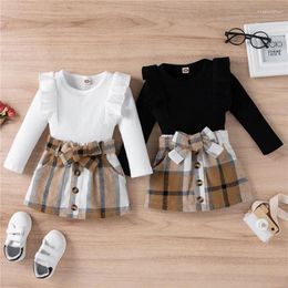 Clothing Sets 1-4years Toddler Kid Girls 2 Pieces Long Sleeve Knitted Ribbed Solid Colour Tops Bowknot Buttons Plaid Mini Skirt Suit