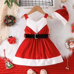 Girl Dresses Toddler Baby Girls Christmas Velvet Dress Party Xmas Infant Princess Lovely Contrast Colour And Santa Hat 2 Piece Costume