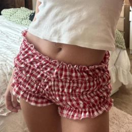Women's Shorts Red And White Plaid Low Waist Y2k Clothes Women Elastic Ruffles Cake Bottoming For Sweet Girl