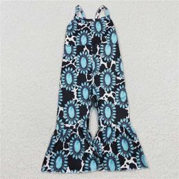 Clothing Sets Wholesale Girls Summer Suspender Long Sleeve Jumpsuit Flare Pants Pattern Flower Print Color Bright Ruffle