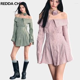 Casual Dresses REDDACHiC Green Pink Striped Women Shirt Dress Basic Solid Ruffle Miniskirt Long Sleeve Off Shoulder Elegant Office Lady