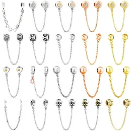 Loose Gemstones Signature Ball Linked Heart Connection Dangling Crown O Safety Chain Bead 925 Sterling Silver Charm Fit Fashion Bracelet