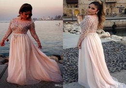 2017 Distinctive Crystal Beaded Elegant Prom Dresses Plus Size Sheer Bateau Long Sleeves A Line Chiffon Sweep Train Long Prom Dres9525705