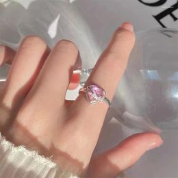 Cluster Rings Heart-shaped Pink Stone Silver Open Romantic Women's Simple Trendy Anillos Party Gifts Exquisite Jewellery Accessories