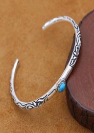 Other Bracelets S925 Sterling Silver Jewellery Retro Thai Simple Thin Ring Grass Inlaid Turquoise Men And Women Opening Bracelet1011225