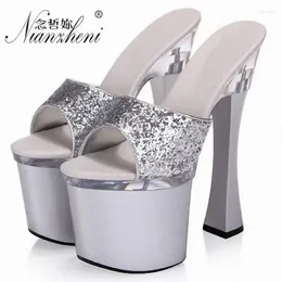 Slippers 8 Inch High-Heeled Sparkling Glitter Silver Selling 18cm Sexy Fashion With Summer Thick Heel Shoes