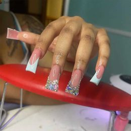 False Nails 24pcs 3D Full Crystal Fake Nails Shiny Rhinestone Duckbill Shaped False Nails Full Cover Wearable French Press On Nails Tips Y240419