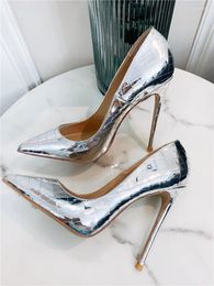 Dress Shoes Casual Designer 2024 Lady Fashion Women Silver Patent Pointy Toe Stiletto Stripper High Heels Zapatos Mujer Prom Evening