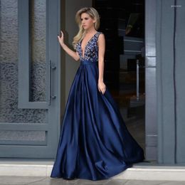 Party Dresses Blue Sequin Crystal Beads Formal Evening Prom Stain Elegant Floor Length Graduation Gowns Sleeveless 2024 Backless